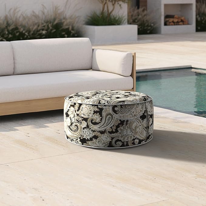 Inflatable Ottoman Stool D21 xH9 for Outdoor/Indoor Use, Water Repellent Patio Foot Rest Stool with Portable Handle,Round Pouf Ottoman Suitable for Garden,Deck and Camping - Paisley Black