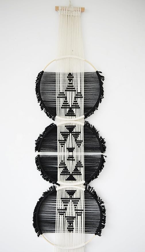 Flber Macrame Wall Hanging black and white Boho Wall Decor Art Living room wall art Round Handmade Geometric Lines Home Décor 11.8W x 65L