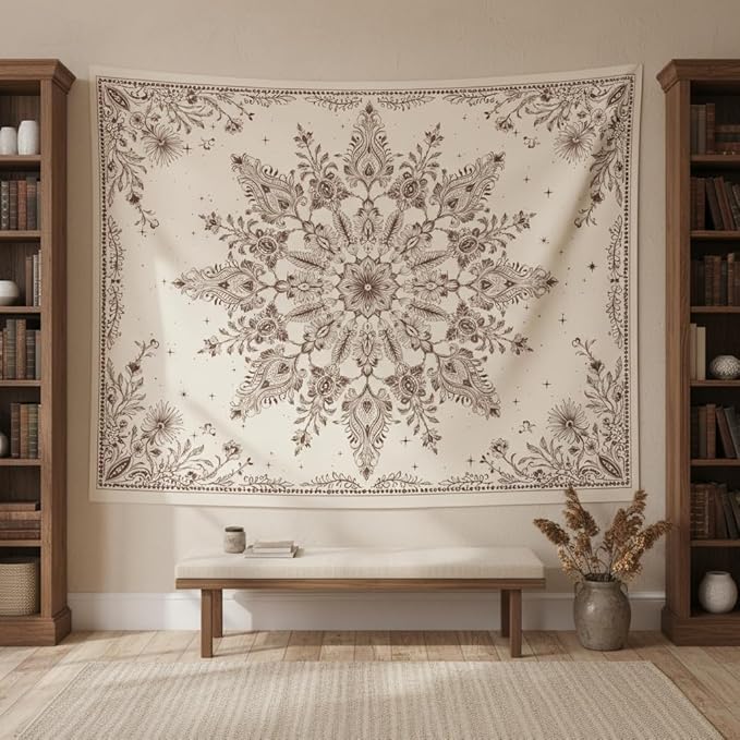 Accnicc Boho Floral Mandala Tapestry Wall Hanging Bohemian Beige Flower Tapestry Aesthetic Hippie Indian Large Tapestries for Bedroom Living Room Dorm Decor 80 x 60 Inch