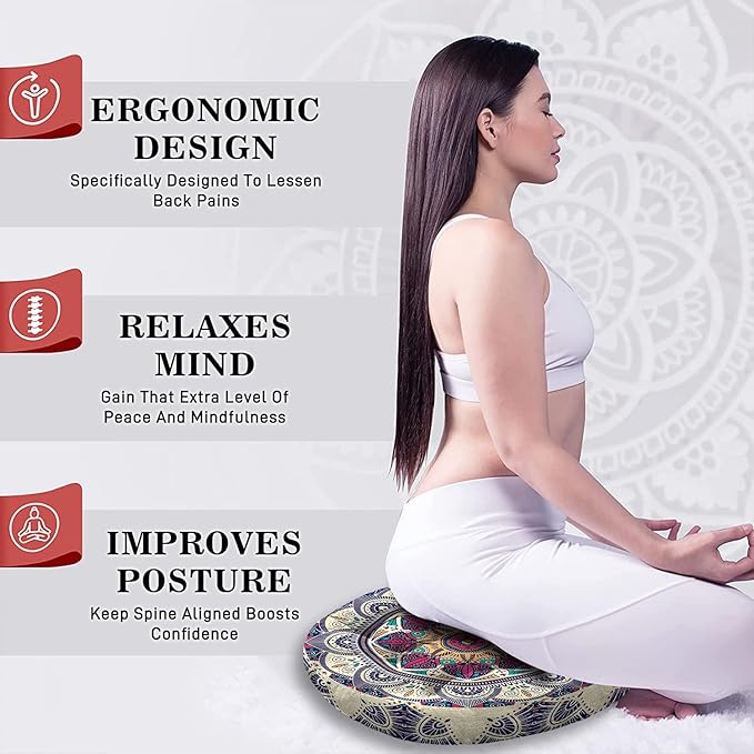Mandala Meditation Cushion, Boho Meditation Mat, Meditation Pillows for Sitting on Floor, Cushions for Sitting in Home and Outdoor, Round Floor Pillows Cushion Seating for Yoga Accessories 22'' X 22''