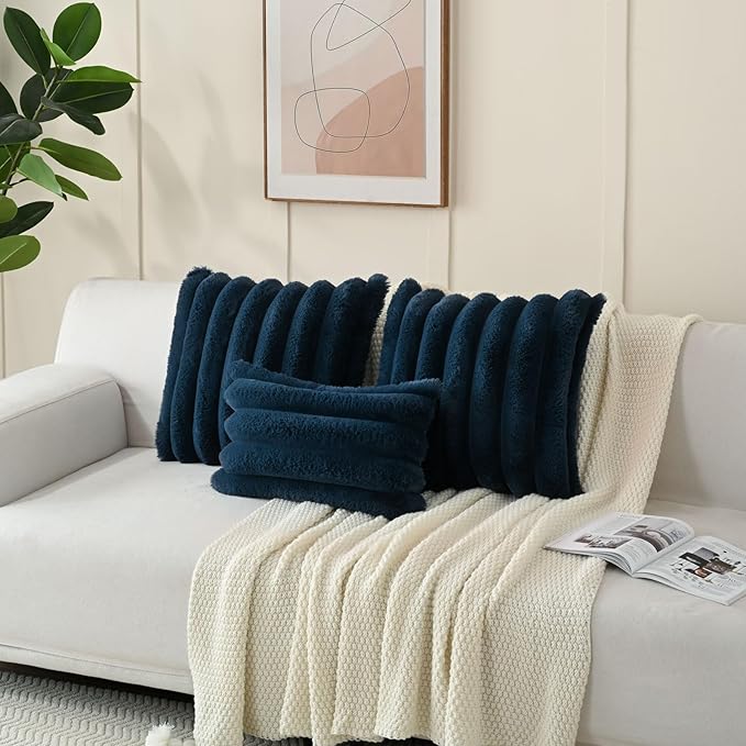 FUTEI Navy Blue Decorative Throw Pillow Covers 18x18 Inch Set of 2, Square Soft Faux Rabbit Fur Thick Striped Cushion Cover,Spring Home Decor for Couch Bed Living Room