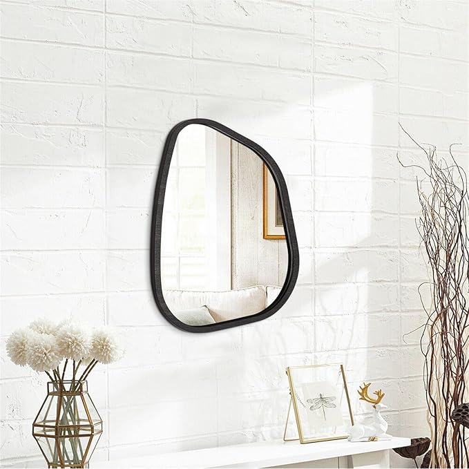 Asymmetrical Mirror for Wall Irregular Oval Wood Frame Modern Unique Wall Mirror Decorative Vanity Bathroom Living Room Bedroom Entryway Hallway Artistic Wavy Mirror Small 14"x10"