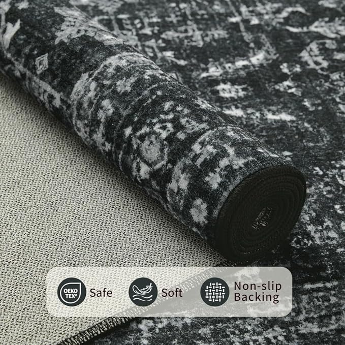 9x12 Area Rugs for Living Room Bedroom, Large Washable Rug, Black Vintage Floral Boho Rug, Non Slip & Low Pile Faux Wool Thin Carpet for Indoor Dining Room and Kids Room(Black 9x12ft)