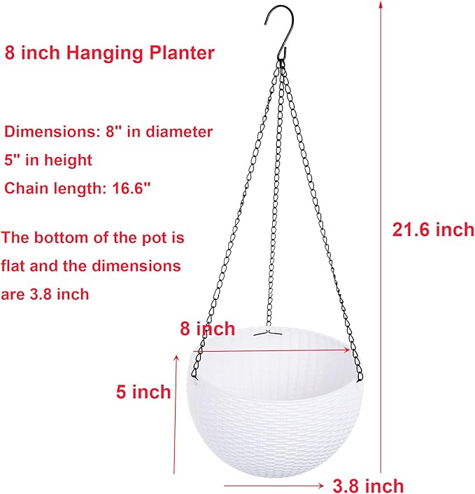 Hanging Basket Plastic Flower Pot Round Resin Garden Hanging Planter for Indoor Outdoor Plants 2 Pack White
