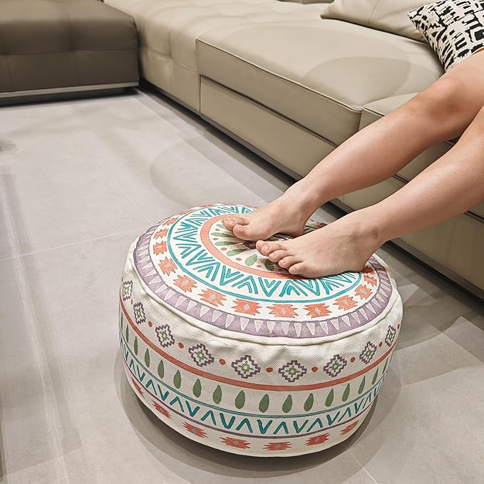 MOCOFO Round Bohemian Ottoman Pouf Cover, 18 Inch, Cotton Blend, Church Window Print, Living Room Storage Footrest, Cover Only (Jade Stone)