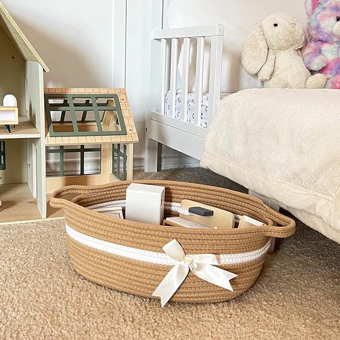 CHICVITA Small Woven Rope Gift Basket, Baby Nursery Storage Baskets for Towels, Snacks, Toys, Diapers, Rectangle Shelf Baskets for Bathroom, Cute Brown Basket, 13 x 9.8 x 5 inches