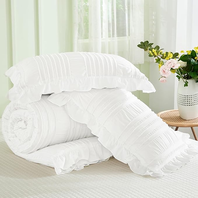 WONGS BEDDING White Queen Comforter Set,Boho Ruffle Comforter for Queen Bed,Soft Seersucker Shabby Chic Bedding Set with 1 Comforter,2 Tufted Pillowcases 90"×90"