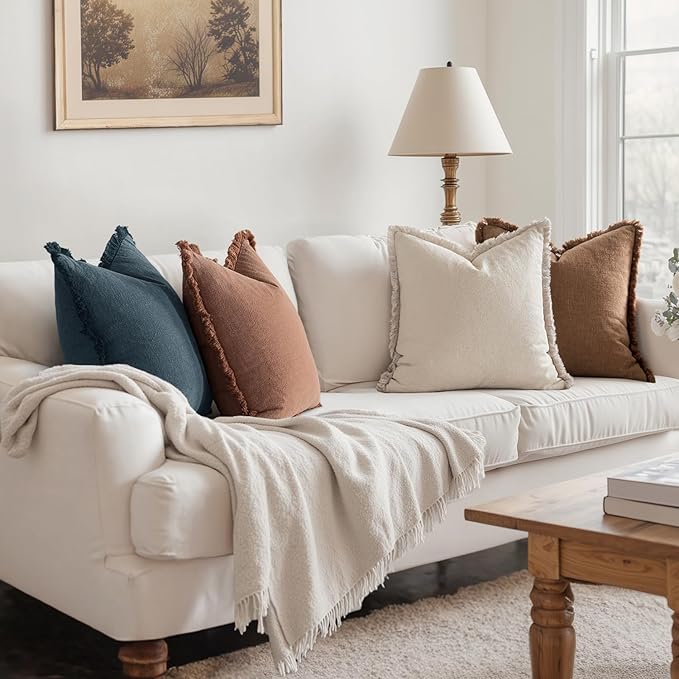 MIULEE Decorative Couch Pillow Covers Neutral Linen Fringe Throw Pillows Set of 4 Modern Rustic Cushions Boho Farmhouse Pillowcases for Bed Sofa Living Room Spring Decor 20x20 Inch Beige/Brown/Blue