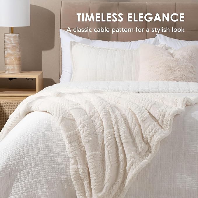 EverGrace Cable Jacquard Sherpa Fleece Throw Blanket for Couch, Super Soft Cozy Fuzzy Plush Blankets for All Seasons, Reversible Thick Warm Blanket for Bed, Sofa, Living Room, Ivory White, 50" x 60"