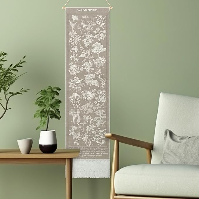 Geetery Vintage Floral Vertical Tapestry Wall Hanging Decor Long Flower Narrow Botanical Fabric Wall Art Hanging Reference Illustrative Tassel Tapestry for Bedroom Living Room Home Decor Gift(Tan)
