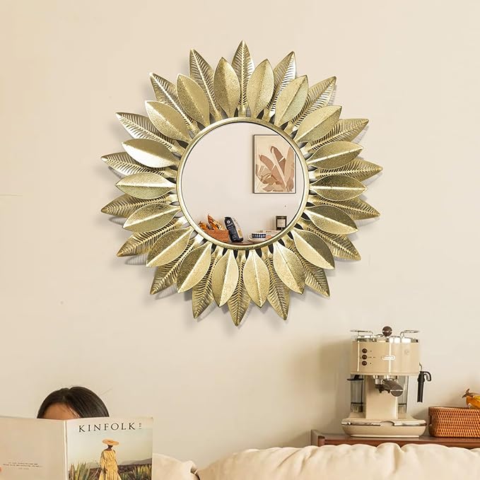 24" Gold Sunburst Decorative Wall Mirror – Handmade Flower Design, Luxury Round Accent Mirror Boho Wall Decor for Bedroom,Entryway, Dining Room & Kitchen