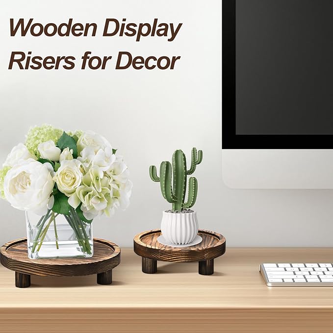 3 Pcs Wood Plant Stand Indoor Outdoor, Wooden Stool Display Stand 5/6/8" Round Riser Flower Pot Holder with Raised Edge Small Planter Tray Modern Potter Decorative for Garden Desktop Home Table Counter Room (Rustic Brown)