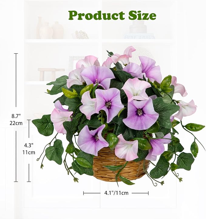 Briful Artificial Flower Arrangements for Tables Fake Potted Morning Glory Silk Flowers with Rattan Basket Faux Floral Centerpiece for Home Office Bedroom Wedding Party Decor(White Purple)