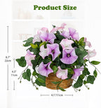 Briful Artificial Flower Arrangements for Tables Fake Potted Morning Glory Silk Flowers with Rattan Basket Faux Floral Centerpiece for Home Office Bedroom Wedding Party Decor(White Purple)