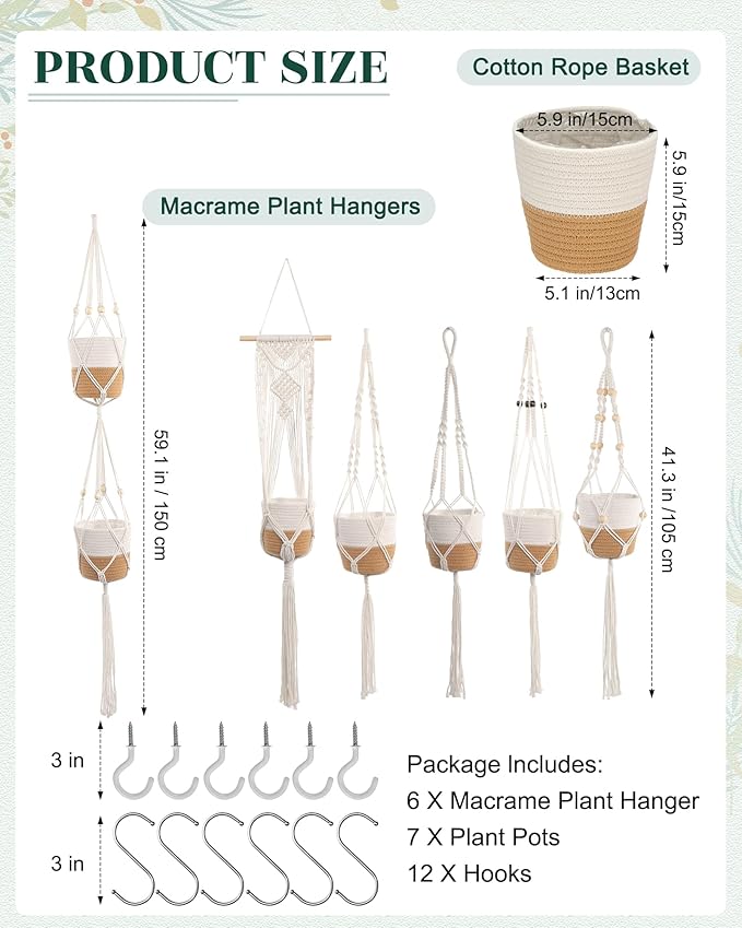 Janinka 7 Pack Hanging Planter Basket Set, Cotton Rope Macrame Woven Plant Hanger, Indoor Plant Boho Hanger Basket, Hanging Wall Plants Flower Pots with Hooks for Outdoor Home Decorations