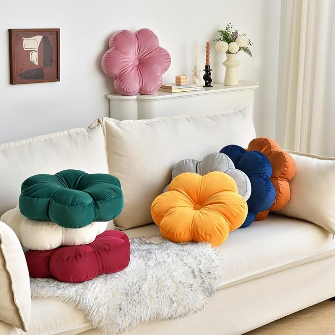 Xuyier Flower Pillow, Flower Shaped Pillow with Velvet for Couch Bed Chair Sofa, Home Decor Floor Seating Cushion Cute Throw Pillows for Living Room Bedroom (15 Inches, Ginger Yellow)