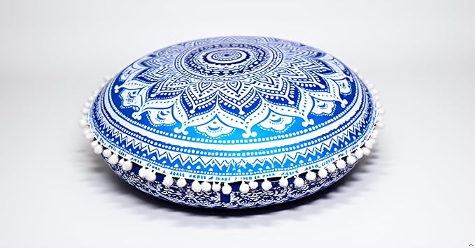 CRAFT KALA Round Mandala Boho Pillow Cover Meditation India Room Seating Poufs Cover for Living Room Yoga Room Home Décor Bedroom Balcony Garden Decoration Cotton Floor Cushion Cover (32", Blue Ombre)