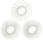 3 Pack Metal Mirrors for Wall Sunburst Wall Mirrors Home Décor Decorative Hanging Wall Art for Living Room Bedroom Entryway (Silver2, Flower+Sunburst)