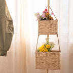 YAHUAN Water Hyacinth Hanging Basket 2-Tiered Woven Wicker Wall Basket Organizer for Kitchen, Home, Door, Indoor/Outdoor Bohemian Décor (Water Hyacinth)