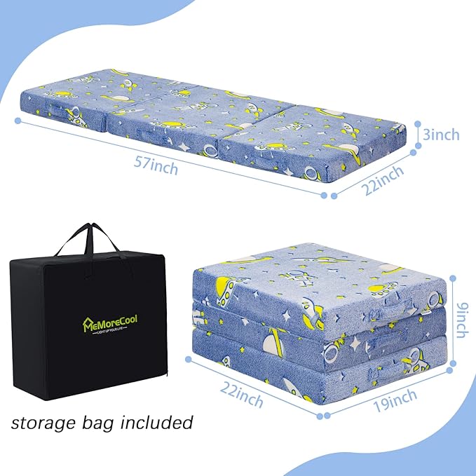 MeMoreCool Foldable Floor Mattress for Kids, Glow Space Trifold Mat, Kids Folding Mattress Portable Futon, 57x22 Inch Blue