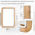FUIN 30x20 Inch Rattan Wall Mirror with White Bead Trim, Handmade Boho Bathroom Vanity Mirror, Natural Rectangular Hanging Mirror for Bedroom, Living Room, Entryway, Vertical or Horizontal Mount
