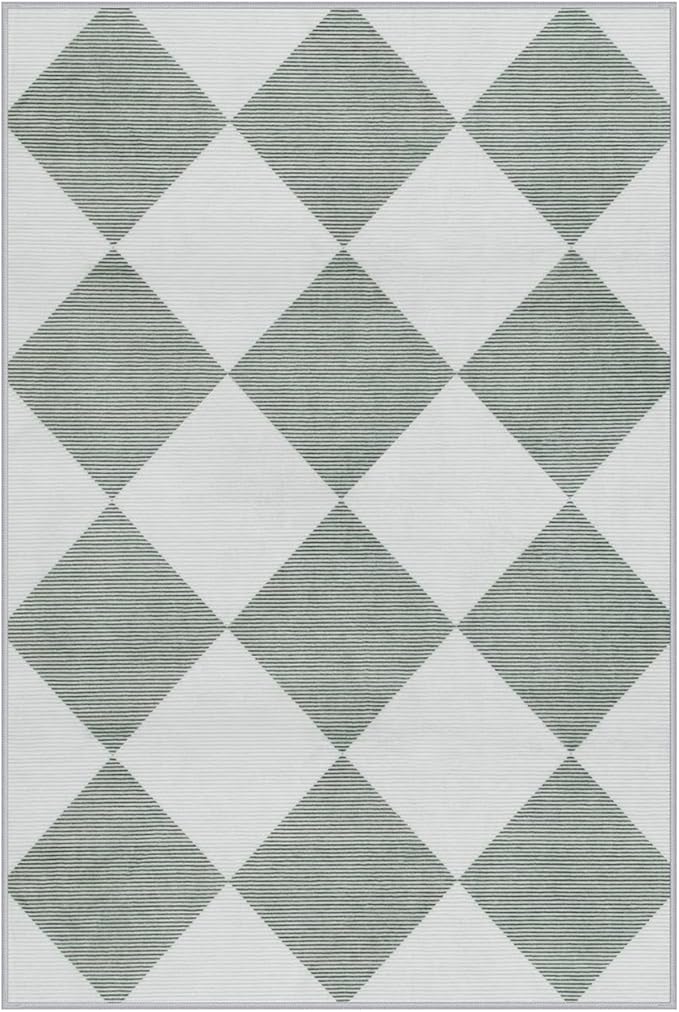 Beeiva Checkered Print Indoor Door Mats for Entryway, 2x3 Washable Bathroom Rug Non Slip Soft Small Rug for Bedroom Ultra Thin, Moroccan Trellis Carpet for Laundry Kicthen Decor (Green/White)