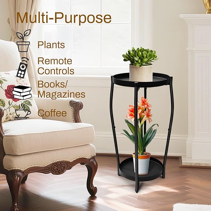 Plant Stand Indoor, 2 Tier Tall Wood Plant Stand, 4-Leg Floor Corner Plant Stands, Heavy Duty Plant Shelf Plant Rack Flower Stands For Home Decor (B - Black)
