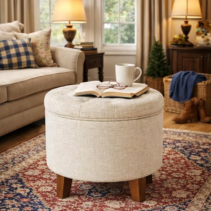 Homepop Home Decor | Upholstered Round Tufted Foot Rest Ottoman | Ottoman with Storage for Living Room & Bedroom | Decorative Home Furniture, Cream Textured Solid