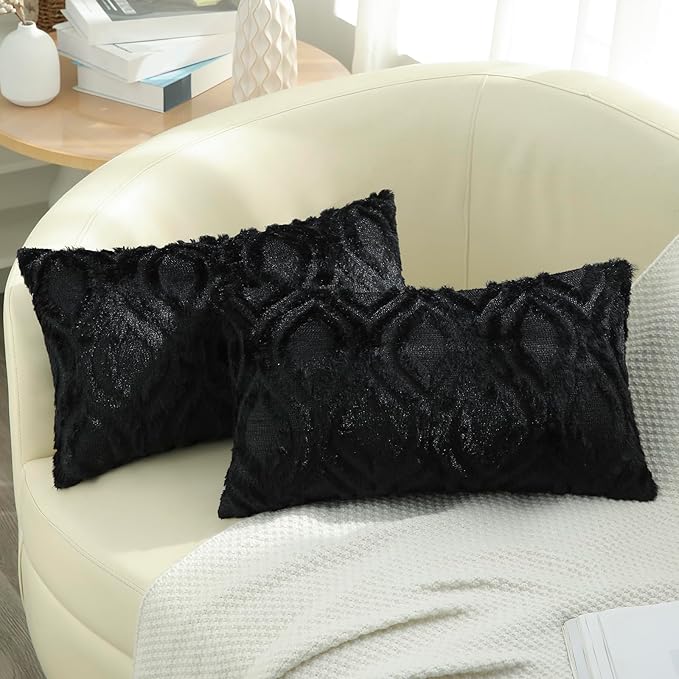decorUhome Cozy Textured Throw Pillow Covers 12x20 Inch Set of 2, Soft Plush Faux Wool Black Accent Couch Pillow Covers for Modern Farmhouse Sofa Bed Living Room