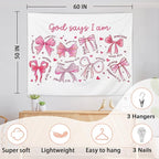 AQYIP Preppy Pink Bow Christian Tapestry Wall Hanging, God Says I Am Cute Inspirational Bible Verse Tapestry Decorative, Pink Girly Christian Wall Decor for Room, 50x60 Inch
