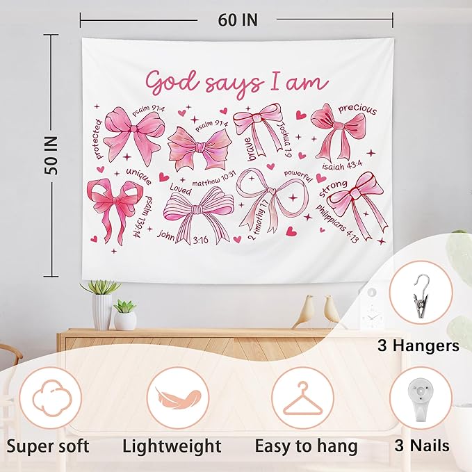 AQYIP Preppy Pink Bow Christian Tapestry Wall Hanging, God Says I Am Cute Inspirational Bible Verse Tapestry Decorative, Pink Girly Christian Wall Decor for Room, 50x60 Inch