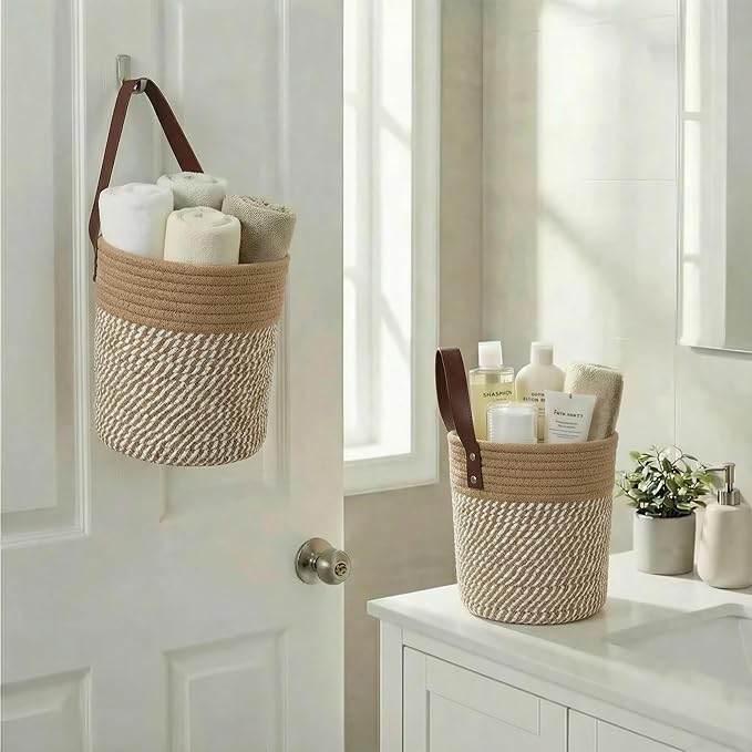 2Pack Natural Jute Hanging Baskets 7 * 8 in, Round Woven Wall Decor & Storage Planter for Plant Decor and Home Organization,Walls Basket for Bedroom, Living Room, Bathroom,Boho Decor (Brown)