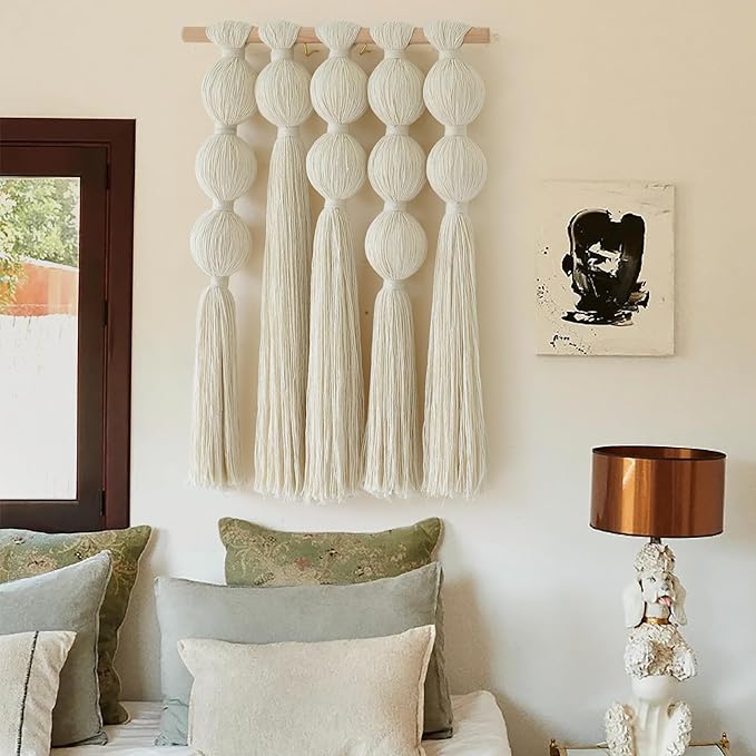 Flber Macrame Wall Hanging with Geometric Yarn Spheres, Handwoven Cotton Tassel Art for Boho Bedroom or Living Room Wall Decor 15.7" W x 19.6" L
