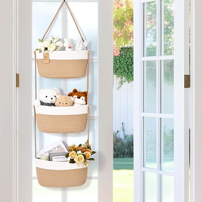 Hanging Basket, 3-Tier Wall Baskets, Over the Door Organizer with 4 Hooks, Hanging Baskets for Organizing, Woven Storage Basket Behind the Door for Nursery, Bedroom, Living Room, Kitchen