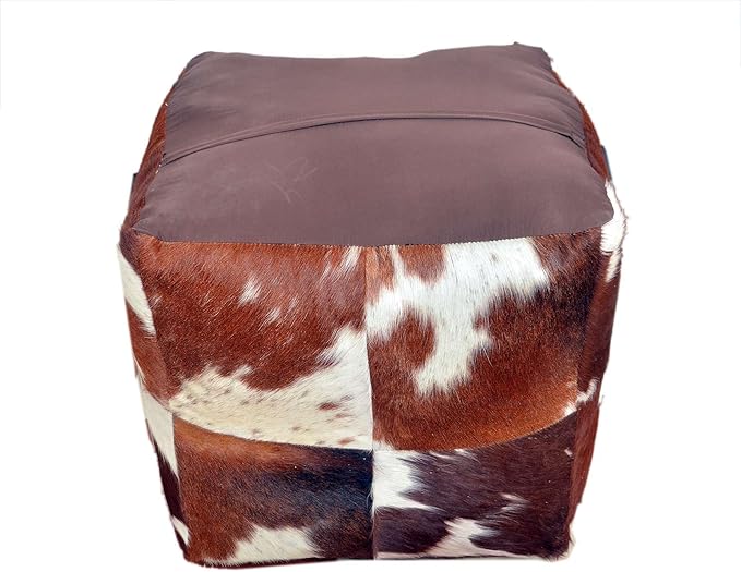 Unstuffed Premium Hair-on Leather Ottoman Pouf Cover, Boho Handmade Genuine Cowhide Square Footstool, Modern Cube Ottoman Footrest for Home Decor Living Room, Bedroom - 18X18 Inch, Tan & White