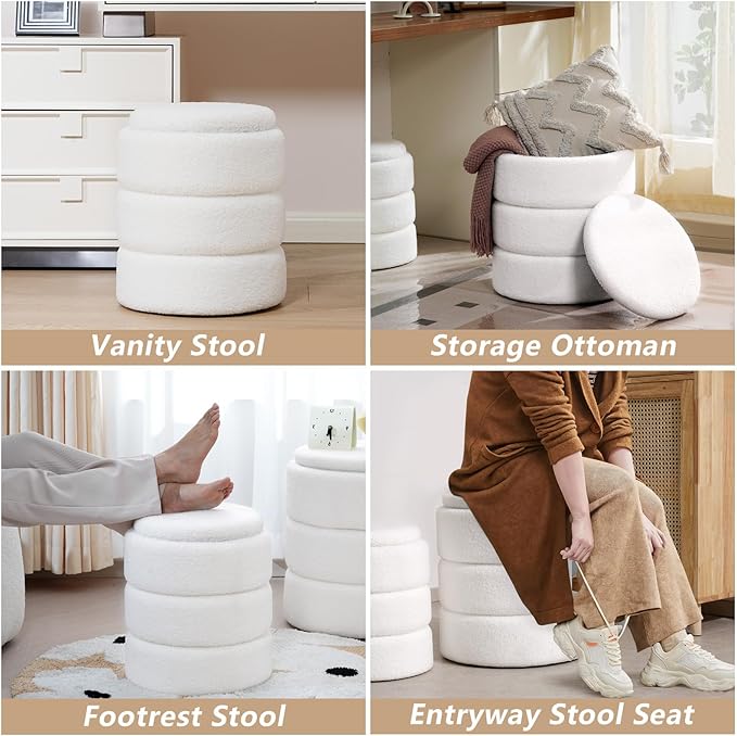 Round Ottoman with Storage Set of 2, Soft Teddy Velvet Upholstered Foot Stool Vanity Chairs, Support 330lbs Padded Seat Multifunctional Ottomans Footrest, Foot Rest for Living Room, White