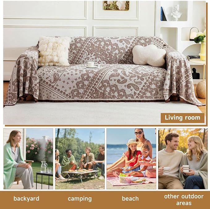 ROOMLIFE Brown Couch Covers for Sofa, Sofa Covers Washable Non Slip Furniture Protector Couch Sofa Covers for 3 Cushion Couch, Breathable Sofa Slipcovers Couch Cover Blanket with Tassels 71" X 150"