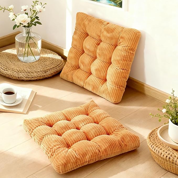 Meditation Floor Pillow Set of 2,Memory Foam Meditation Cushion for Adults Sitting, Large Square Thickened Seat Cushions for Yoga, Tatami Living Room (2, Orange)