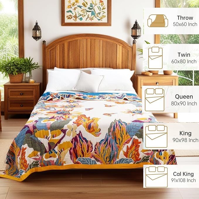 Boho Throw Blanket 60" x 80", 100% Organic Cotton Skin-Friendly Lightweight Ultra Soft Bed Quilt Throw - Spring Floral Butterfly Farmhouse Decor Blanket for Sofa Couch Chair and Gift.