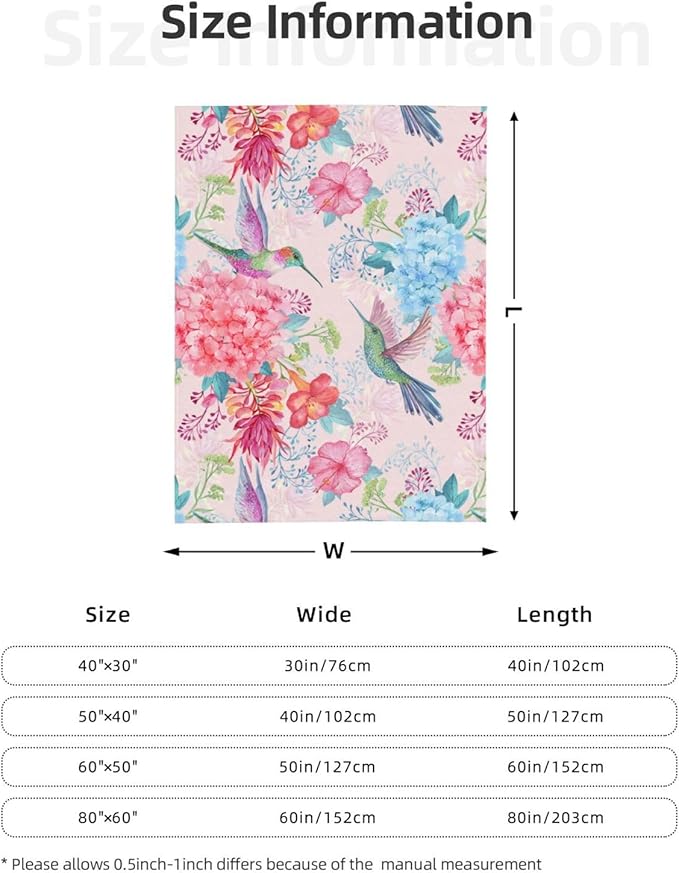 Hummingbird Floral Throw Blanket, Bird Colorful Flowers Blanket Gifts for Women Girls Mom Kids Birthday Mother's Day, Cozy Soft Warm Plush Decor Blankets for Bed Sofa Chair Couch (80"x60")
