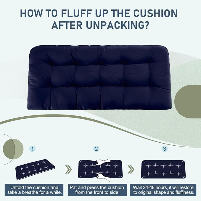 downluxe Outdoor Bench Cushion for Patio Furniture, Water Resistant Tufted Overstuffed Porch Swing Cushions, Thick Outdoor Loveseat Cushions, 44" X 19" X 5", Navy, Set of 1