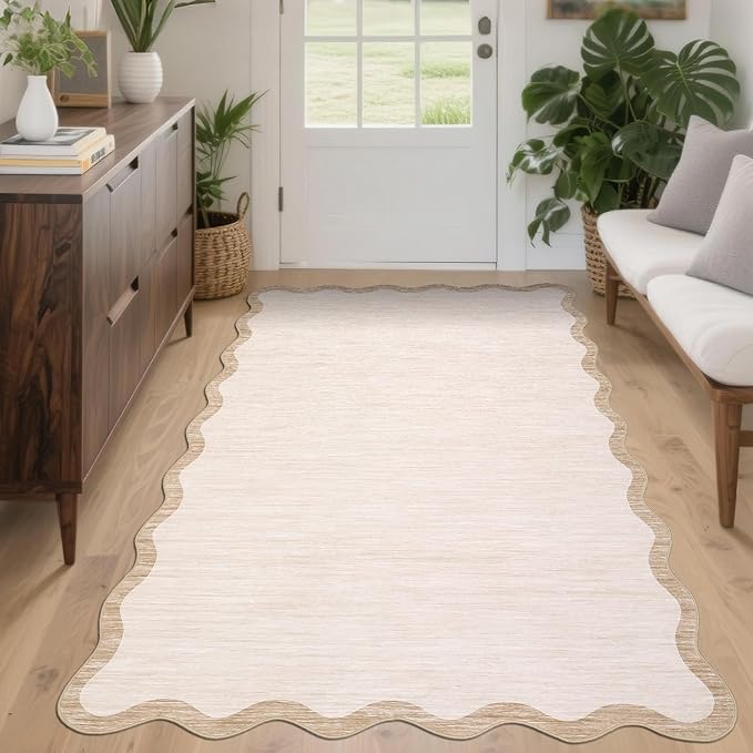 GarveeHome Scalloped Washable Rug 3x5, Beige Boho Living Room Area Rug, Bordered Non-Slip Farmhouse Bedroom Carpet Dorm Room Throw Rug, Low Pile Soft Accent Mat for Kitchen Entry Office 3'x5' Beige