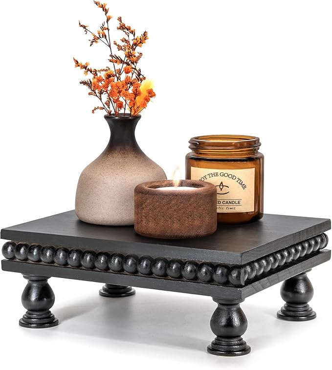 EOSAHR Pine Wood Display Riser for Room Decor – Farmhouse Pedestal Stand with Beaded Edge for Apartment Essentials, Small Plant Stand or Coffee Stand Accents – Perfect Modern Room Decor(Black)
