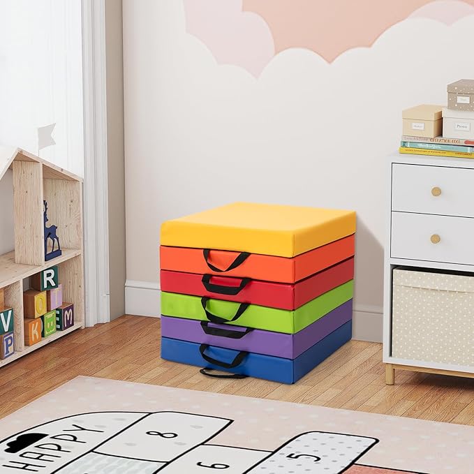 HONEY JOY 6PCS Floor Cushions for Kids, 16" Length Flexible Alternative Portable Classroom Seating with Handles, Easy to Clean, Thick Soft Foam Comfy Square Seats for Daycare Preschool, Colorful