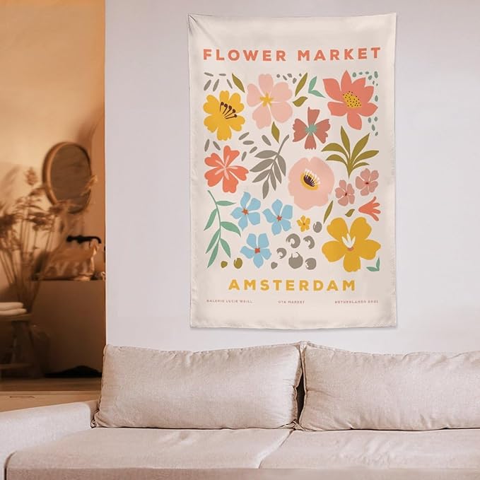 Chordity Danish Pastel Botanical Flower Market Aesthetic Floral Plants Tapestries Wall Hanging Tapestry Decorative Flag For Home Decor Living Room College Dorm Bedroom Banner Poster 40 * 60 Inch