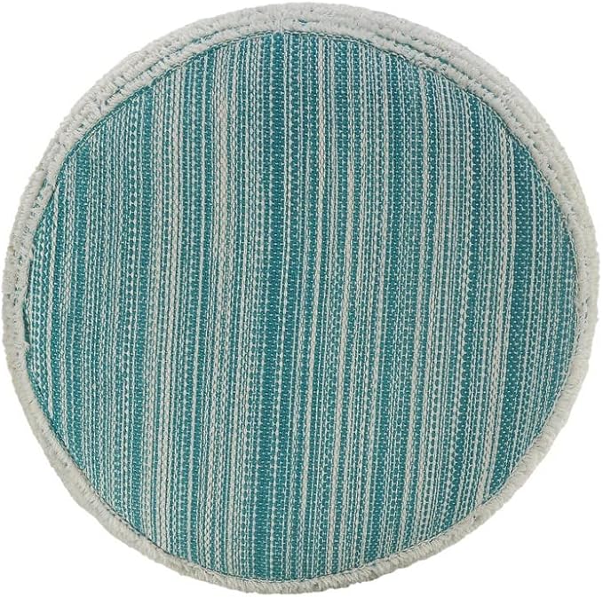 LR Home Indoor Polyester Modern Striped Ottoman Pouf | Aqua/White,18" x 18" x 14"