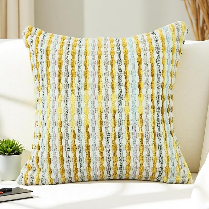 Boho Chenille Striped Pillow Cover 18x18 Inch, Decorative Pillow Cover for Couch Bed Sofa Living Room Bedroom Farmhouse Modern Home Decor Accent Pillowcases Set of 1, Yellow White