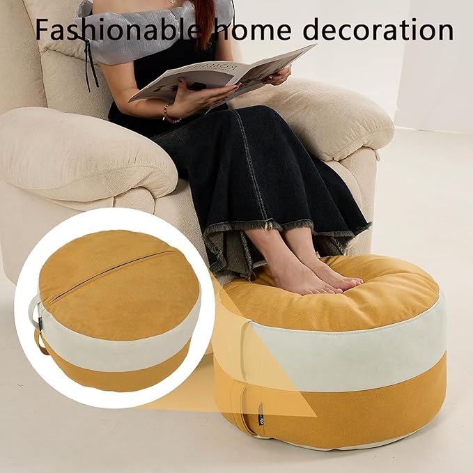 Louis Donné Outdoor Pouf Ottoman Cover (Unfilled), Waterproof Round Footstool & Bean Bag Chair, Multi-Function Stuffed Storage Solution, Yellow & White Boho Foot Rest for Patio Garden, Living Room