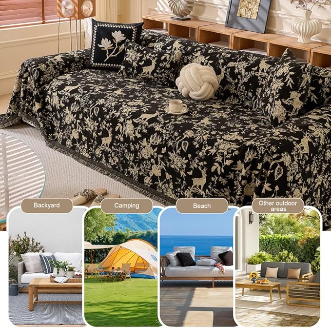 ROOMLIFE Black Couch Cover Sofa Covers, Chenille Couches Covers for 3 Cushion Sofas, Non Slip Soft Breathable Sofa Slipcovers for Pet, Washable Furniture Protector with Tassel,71''X134”