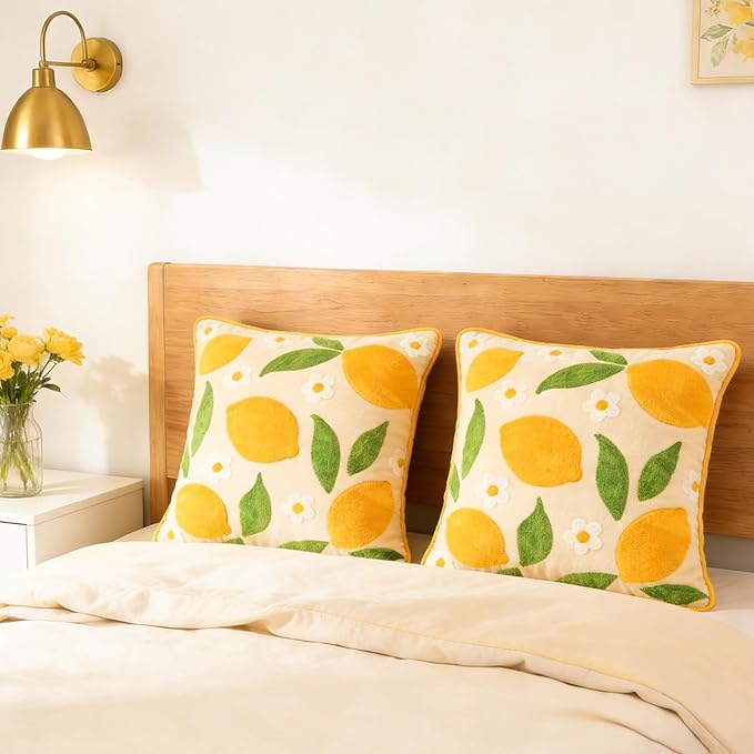 Whaline 2 Pcs Summer Tufted Throw Pillow Covers Embroidered Lemon Daisy Pillow Case Fruit Jacquard Decorative Cushion Case for Living Room Bedroom Couch Sofa Bed Home Decor, 18 x 18 Inch